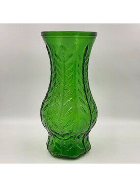 Vintage FTD 1970s-1980s Emerald Green Glass Vase Oak Leaf Design